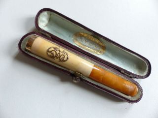 Antique French Amber & 18k Gold Cigarette Holder W.  Case 2