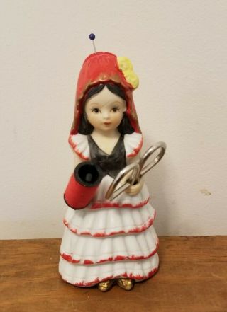 Vintage Spanish Porcelain Doll Pin Cushion Lady Figurine With Hat Scissor Holder