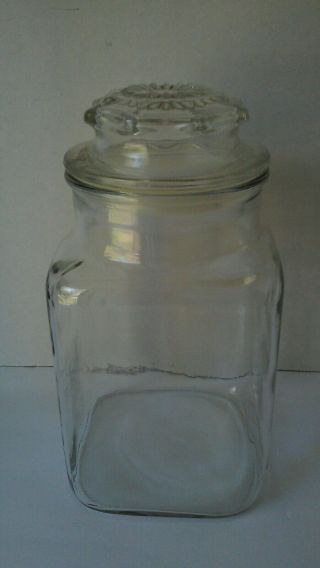 Vintage Jar Canister Clear Glass Anchor Hocking Square Apothecary W/storage Lid