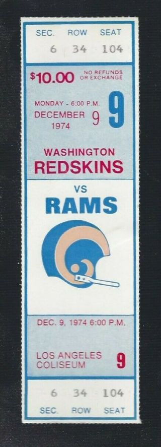 Vintage 1974 Nfl Washington Redskins @ Los Angeles Rams Full Football Ticket