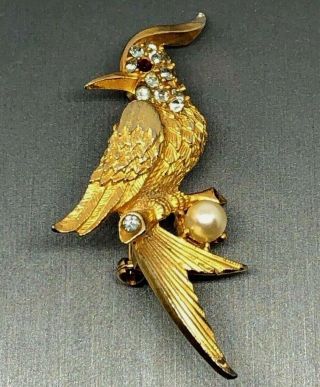 Art Deco Gold - Tone & Multi - Color Rhinestone Bird Brooch Vintage Estate Jewelry