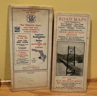 Rare Vintage 1950’s Road Maps / Us 301 Tabacco Trail / Bear Mountain Bridge