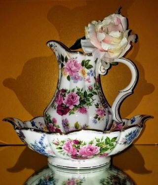 Pitcher Bowl Wash Basin Set Roses Pattern By Ornamental Collectibles