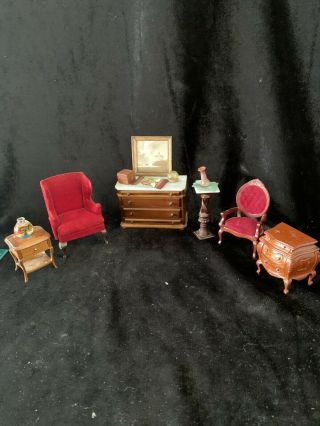Vintage Red Velvet Chairs,  Marble Top Dresser End Table& Dollhouse (d - 1)