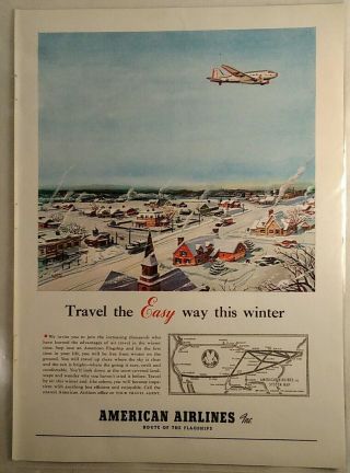 Vintage Print Ad - 1940 American Airlines Route Of The Flagship Map,  Winter Scene