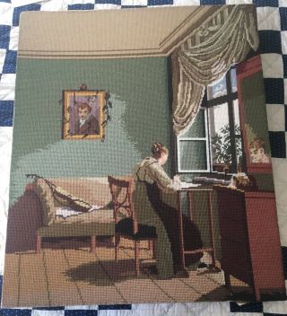 Vintage Completed Needlepoint Canvas Tapestry Woman In Parlor Writing /