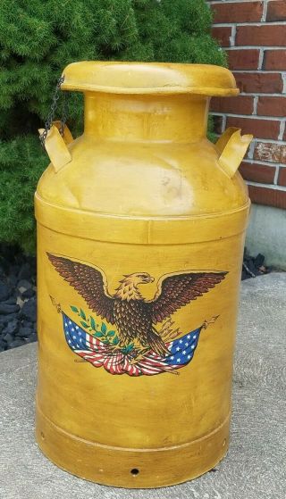 Antique Vintage Metal Milk Can Jug Yellow Painted Usa Eagle W/ Top 24 " Tall