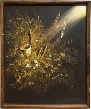 Vintage 1970s Oil Painting Wheat Flowers Wood Bucket Sun Signed Mariam