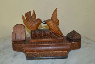 Antique European Black Forest Desk Set/inkwell Hand Carved Birds