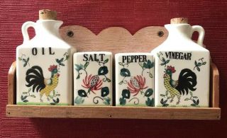 Vintage Ceramic Rooster Salt Pepper Oil Vin Rack Spices Salad Set Japan 5 Piece