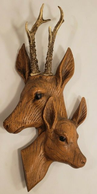 Vintage Black Forest Style Carved Resin Wood Deer Buck Head Antlers Wall Decor