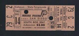 Vintage 1972 Aba San Diego Conquistadors @ Indiana Pacers Full Basketball Ticket