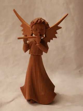 Vintage Hand Carved Wooden Christmas Angel Playing Flute Figurine Germany