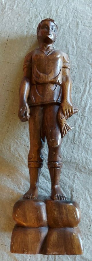 Vintage Hand Carved Wood Folk Art Statue 19 " Tall Philippines Boy Fisherman