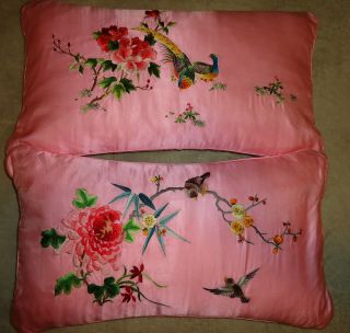 Vintage Bai Hua Chinese Silk & Rayon Embroidered Accent Pillows Pair Bird Floral