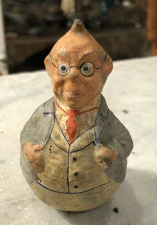 Antique German Paper Mache Roly Poly Man W/ Glasses Character Toy