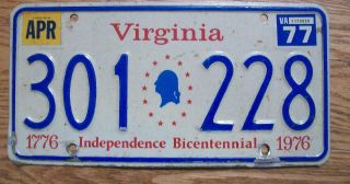 Single Virginia License Plate - 1977 - 301 228 - Independence Bicentennial