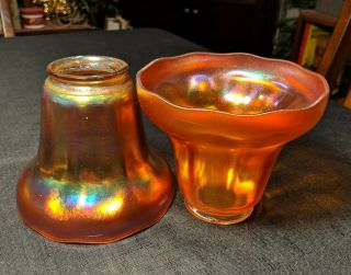 2 Signed Nuart Marigold Art Glass Iridescent Lamp Shades C1910 Antique Vintage
