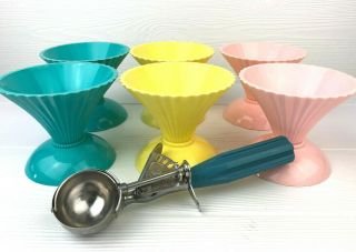 6 Vintage Mid Century Modern Hard Plastic Ice Cream Cups Pedestal Turquoise Pink