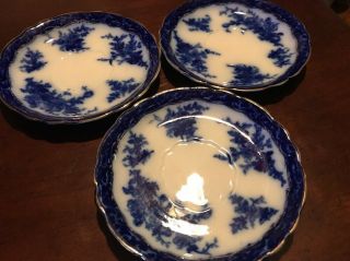Stanley Pottery Touraine Flow Blue Three Salad Plates - Antique Flo Saucers