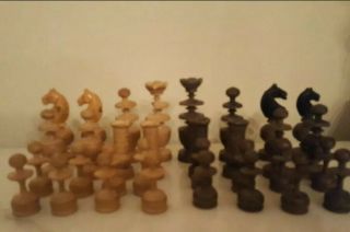 Antique Vintage 32 Piece French Regency Wood Chess Set With Box