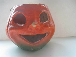 Antique Vtg Paper Mache Halloween Jack O Lantern Jol Pumpkin With Bail Smile