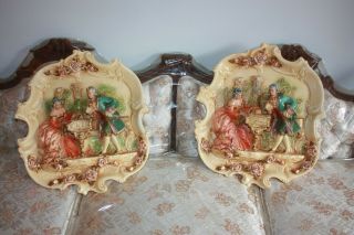 Antique Victorian Ceramic Multicolor Wall Plaques - Pair
