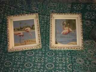 Vintage Turner Flamingo Print Set Of 2 Marked.  Framed Mid Century Modern Cool