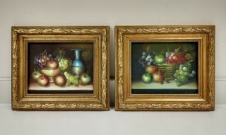 2 Vintage Framed Oil Paintings Still Life Fruit Basket Ornate Gold Leaf