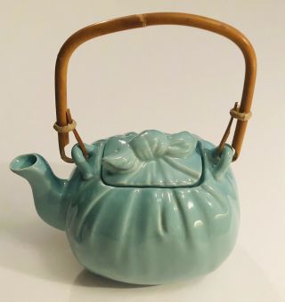 Gorgeous Vintage 1970’s Fitz And Floyd Porcelain Teal Teapot W/ Bamboo Handle