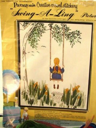 Vintage Paragon Crewel Stitchery " Swing - A - Ling " 731 Girl Child On Swing Lake