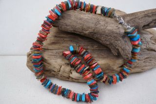 Vintage Handcrafted Square Turquoise,  Coral & Stone Multicolor Necklace 18  L