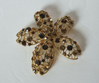 Vintage Gold Tone Brown Rhinestone Flower Pendant Brooch Pin