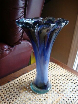 Antique Vtg Murano Style Hand Blown Art Glass Vase Blue Purple Opalescent Swirl