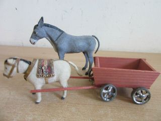 Antique German 2 Composition Donkey With Wooden Pull Cart,  One Nodder Bobblehead