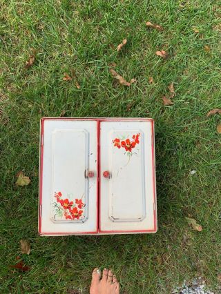 Antique Metal Painted Cabinet With Towel Bar And Hand Painted Flower Detail