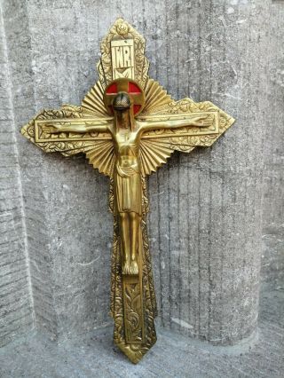 Antique Vintage Art Deco Priests Nun Room Bronze Wall Cross Jesus Christ Corpus