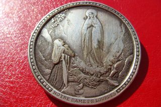 VIRGIN MARY LOURDES APPARITION ANTIQUE SILVERED BRONZE RELIGIOUS MEDAL BROOCH 3