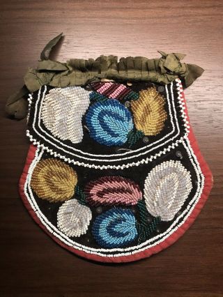 Antique Niagara Falls Iroquois Indian Beaded Purse With Silk Ribbonwork On Top