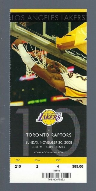 2008 - 09 Nba Raptors @ Lakers Full Basketball Ticket - Kobe Bryant Nov 30