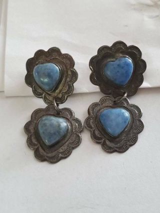 Vintage Southwestern Sterling Blue Stone Heart Drop Earrings