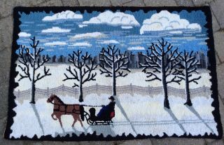 Quebec Horse & Sleigh Winter - Vintage Primative Hand Hooked Rug 24 By 36”