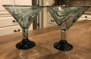 Set Of 2 - Vintage Hand Blown Amber Martini Cocktail Glasses Blue Spiral Ribbon