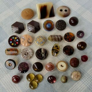 Assortment Of 32 Vintage And Antique Glass Buttons,  Mostly Brown