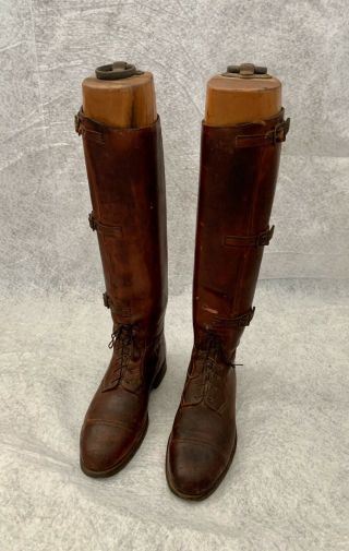 Antique Brown Leather Riding Boots & Wood Forms Teitzel - Jones