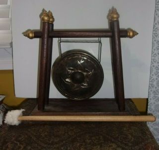 Antique Brass Gong Tam With Stand Mallet Wood Thai Chinese Buddha Meditation 6 "