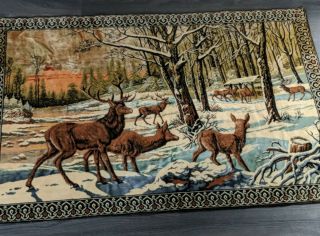 Vintage Tapestry Wall Hanging Rug Elk Buck Stag Deer Lodge Cabin Decor 72” X 48”