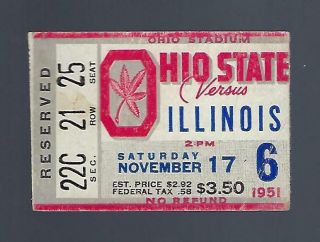 Vintage 1951 Ncaa Illinois Illini @ Ohio State Buckeyes Football Ticket Stub