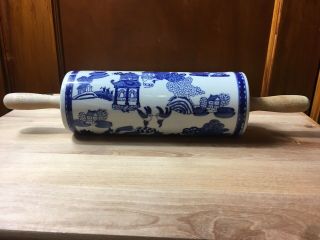 Antique Willow Blue And White Ceramic Rolling Pin