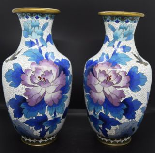 Chinese Cloisonne Vases Pair 9 1/4 " Tall White With Purple Flowers Mirror Image